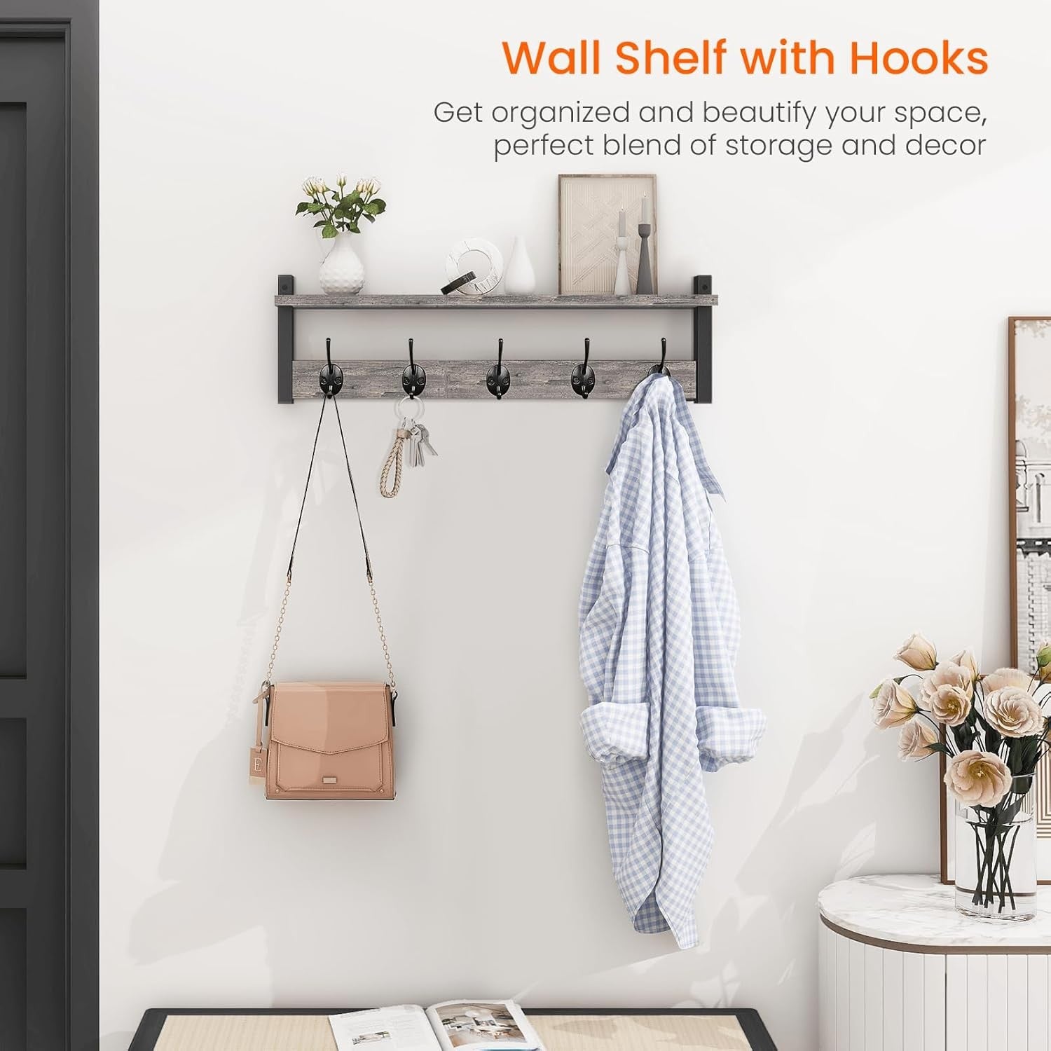 24in Rustic Grey Wall Mounted Coat Rack Shelf Entryway Hooks for Hats Bags