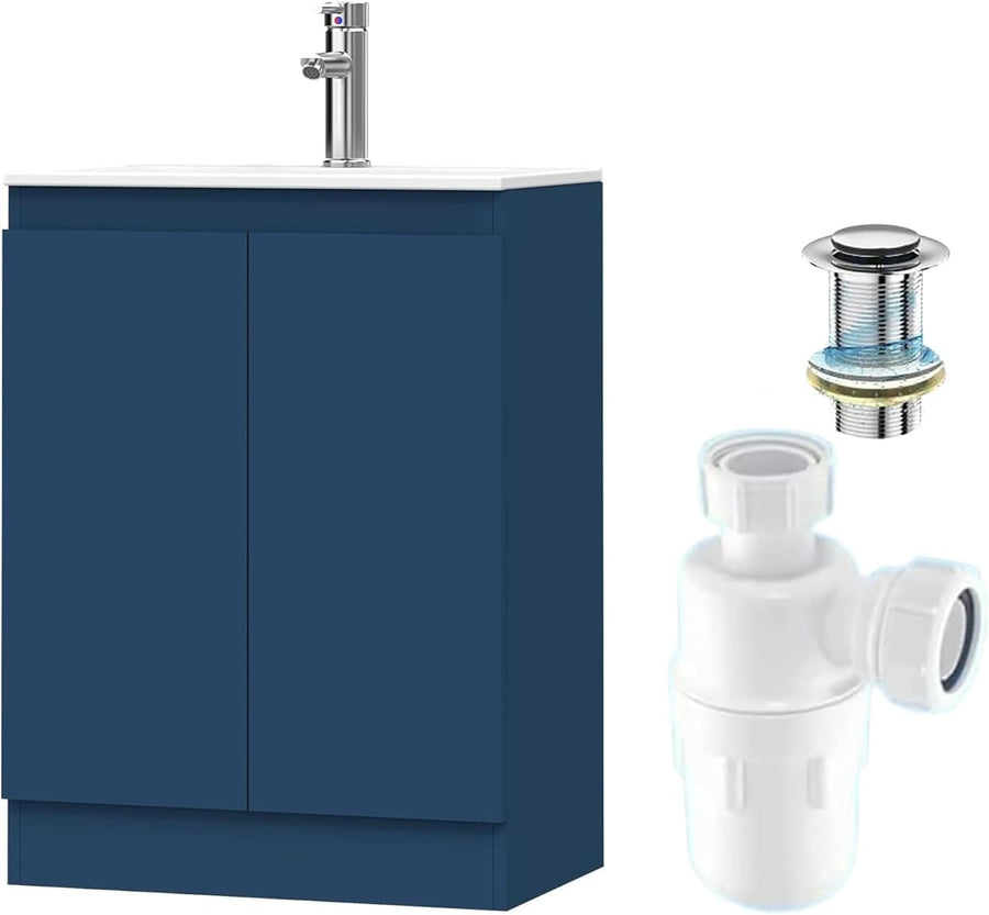 Blue 600mm Under Sink Bathroom Vanity Unit with Basin Trap Waste Cupboard