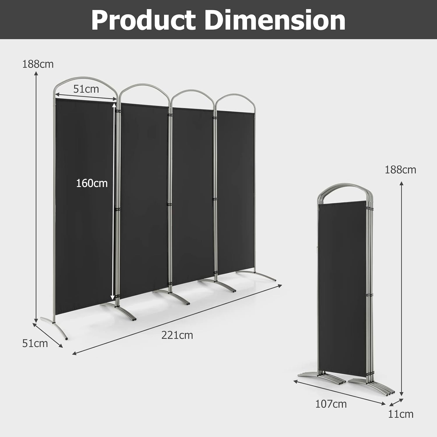 4 Panel Black Folding Room Divider Privacy Screen for Bedroom Office Decor 188cm