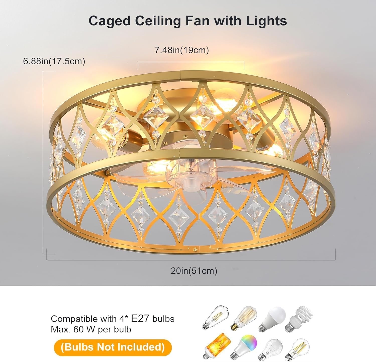 20" Caged Ceiling Fan Light, Crystal, Gold, 4 Lights, Remote