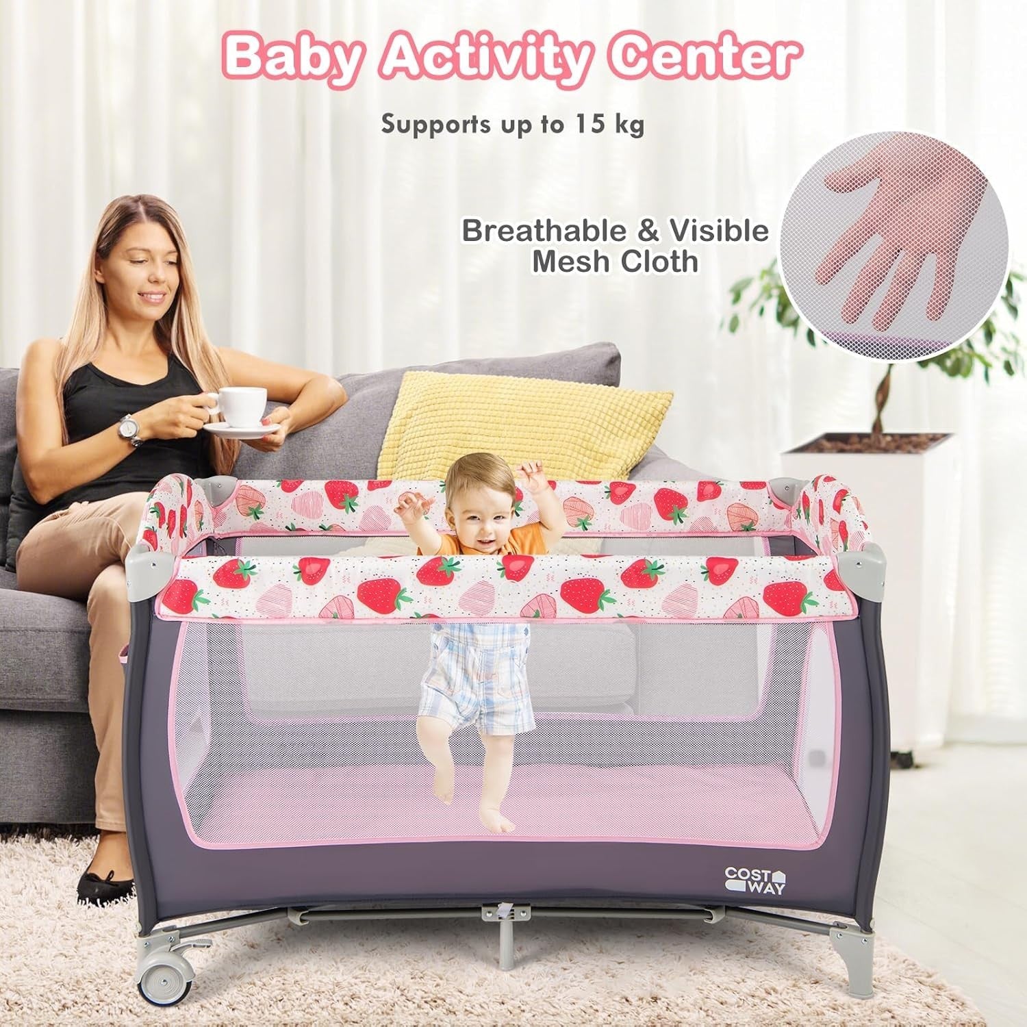 4in1 Travel Cot Baby Bedside Foldable Crib Portable Playard Strawberry Pink