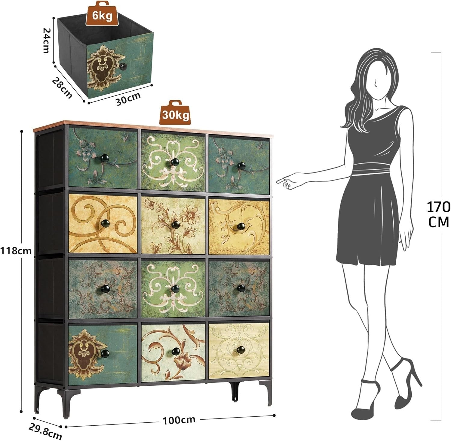 12 Drawer Vintage Storage Chest Unit Fabric Dresser for Bedroom Living Room
