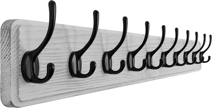 White Wood Wall Mounted Coat Rack with 10 Hooks | Farmhouse Hallway Hanger