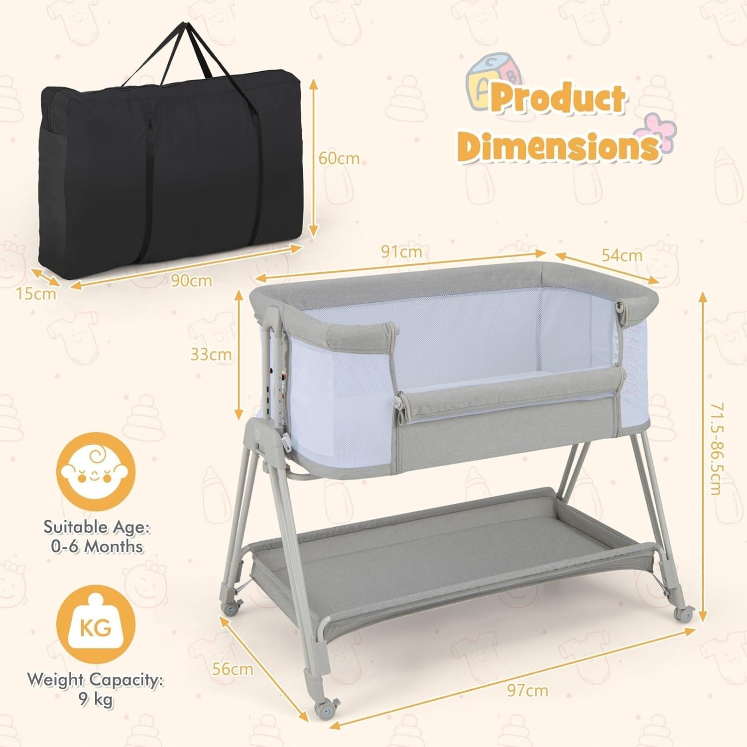Baby Bedside Crib w/ Mattress 7 Height Adjustable Mesh Sides Storage Shelf Grey