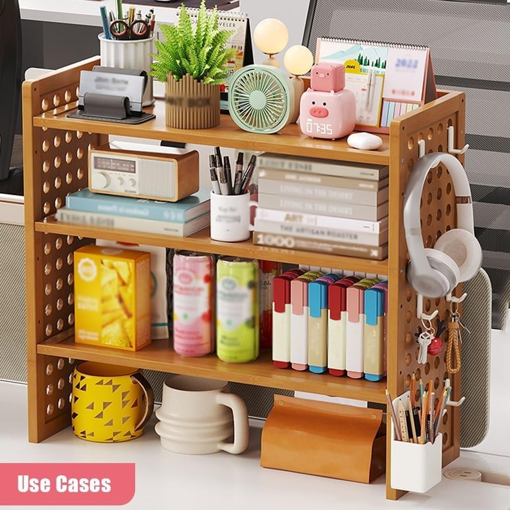3-Tier Desktop Bookshelf Organizer w/ Pegboard | Bamboo Desk Hutch 50×20×56cm