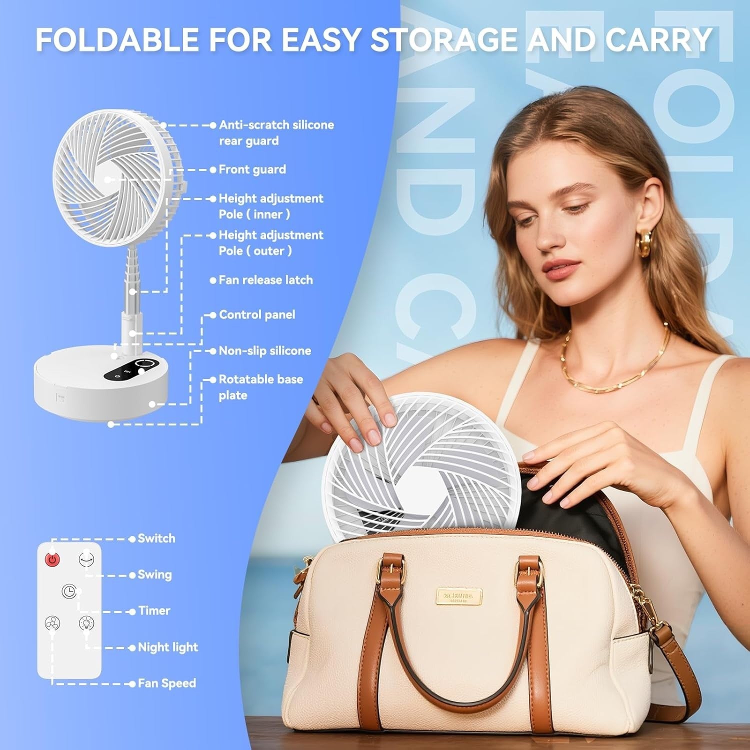 9.5" Portable Standing Fan – Rechargeable Folding Desk & Floor Fan White 4 Speed