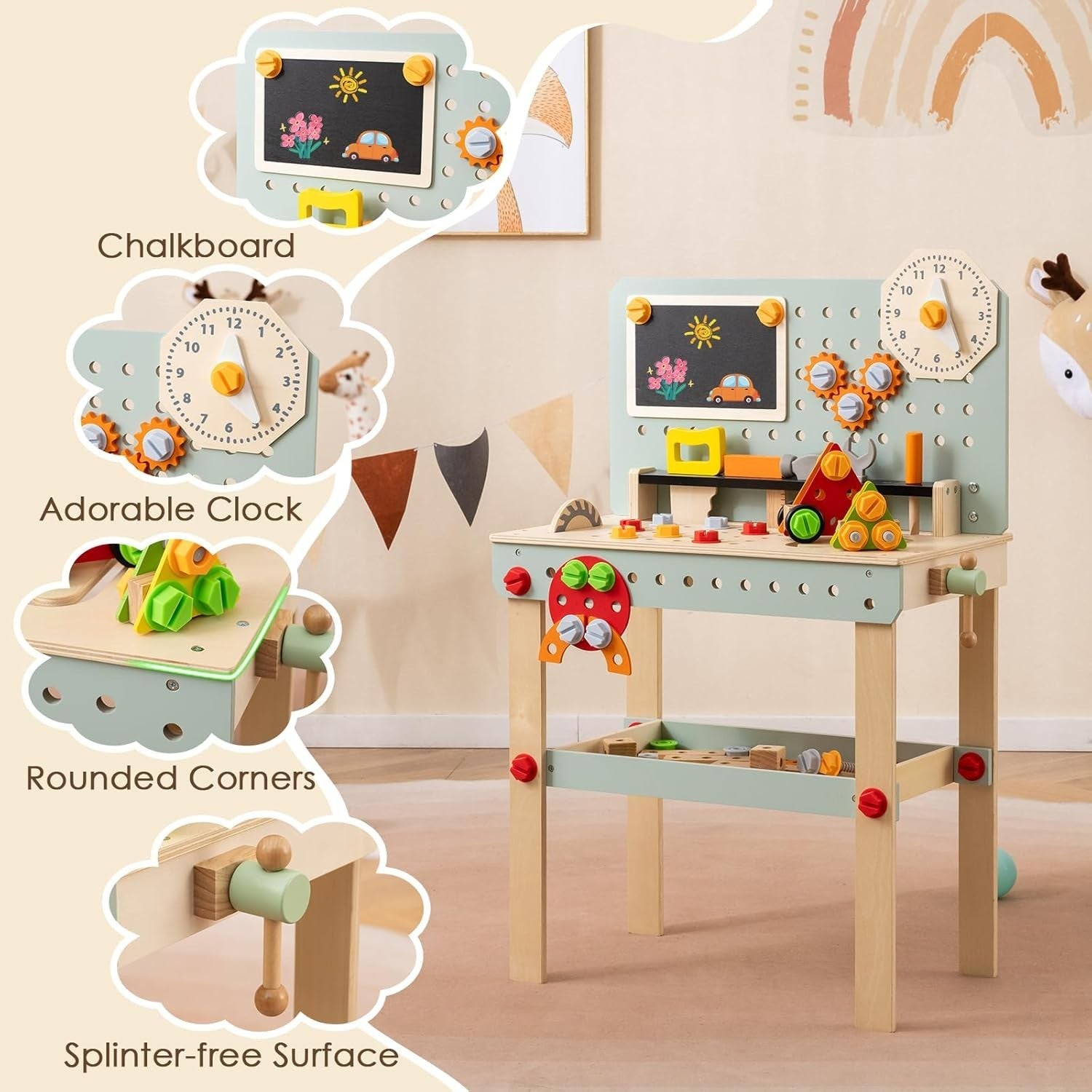 Wooden Kids Workbench Tool Set w/ Blackboard Clock Storage Shelf 54x30