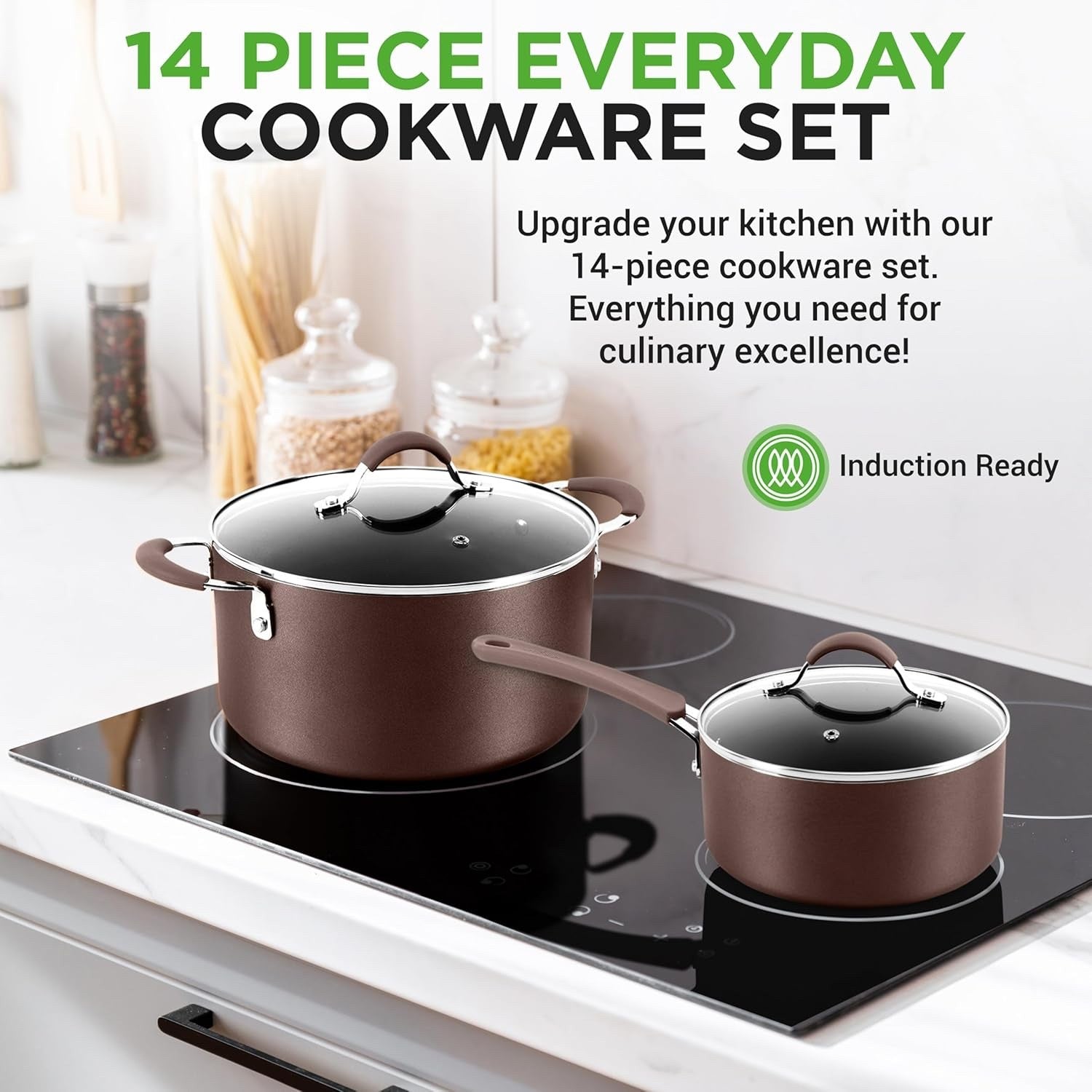 14pcs Brown Ceramic Stackable Non Stick Cookware Set Induction Safe Pots & Pans