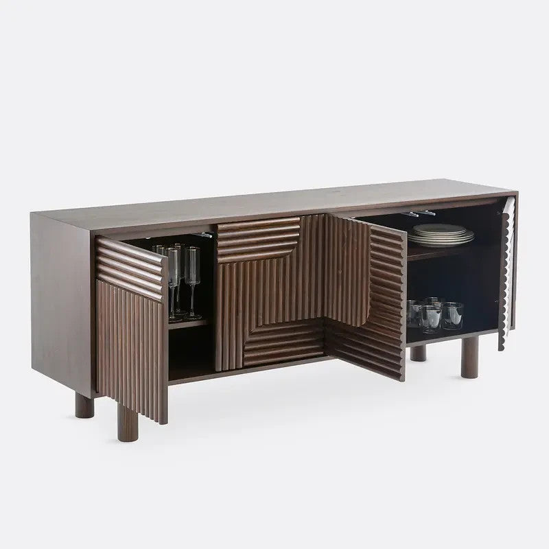 Solid Pine 4-Door Sideboard Grooved Media Console TV Unit 184cm Wide