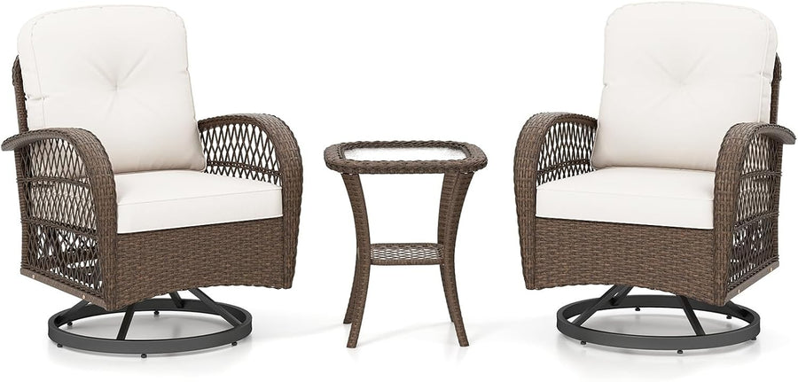 360° Swivel Rattan Bistro Chairs Set Plush Cushions Side Table Garden