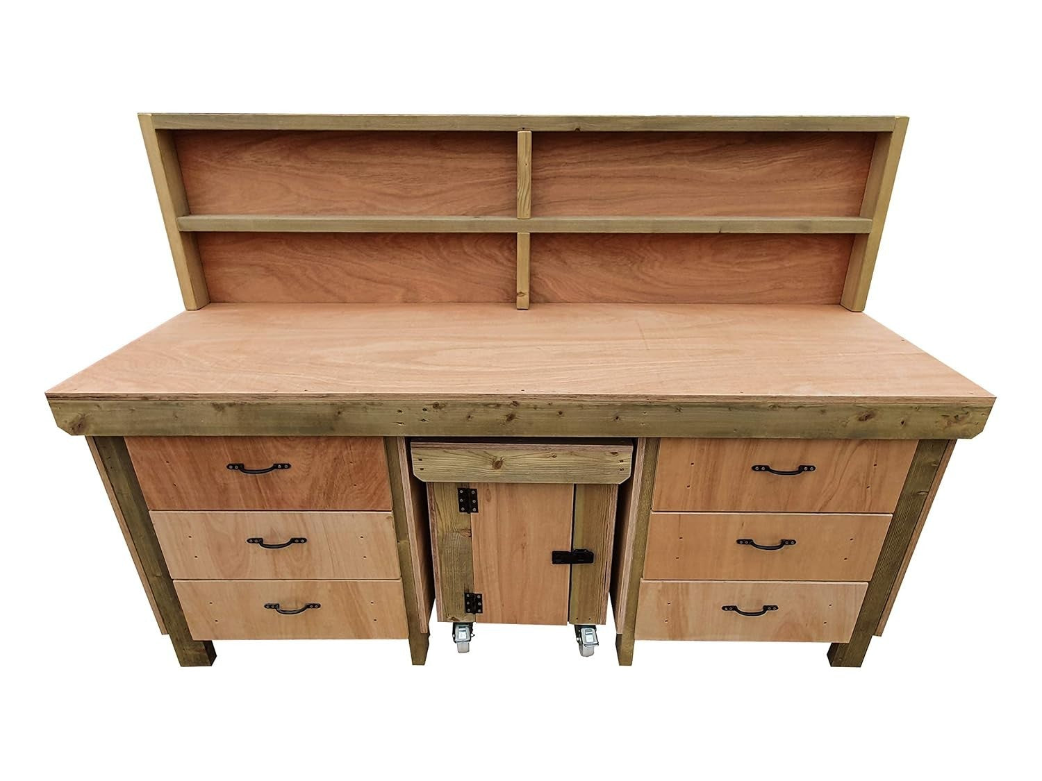7ft Heavy Duty Wooden Workbench w/ Drawers, Lockable Cupboard & Back Panel
