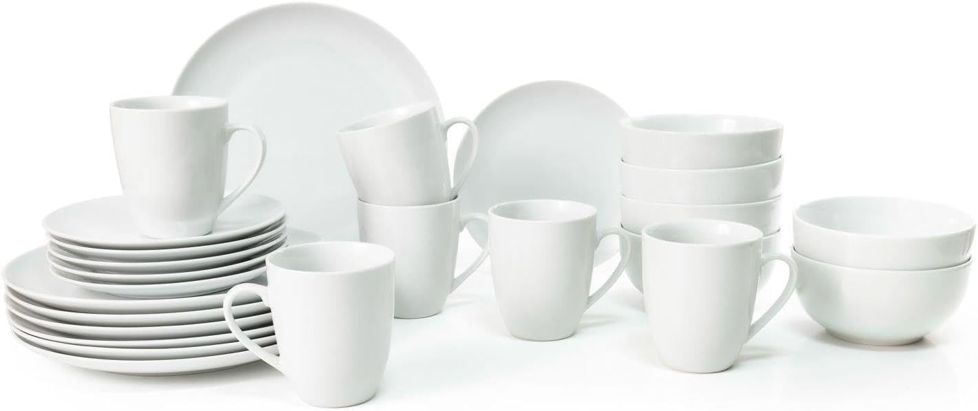 24 Piece Porcelain Dinnerware Set White Plates Bowls Mugs Dishwasher Safe
