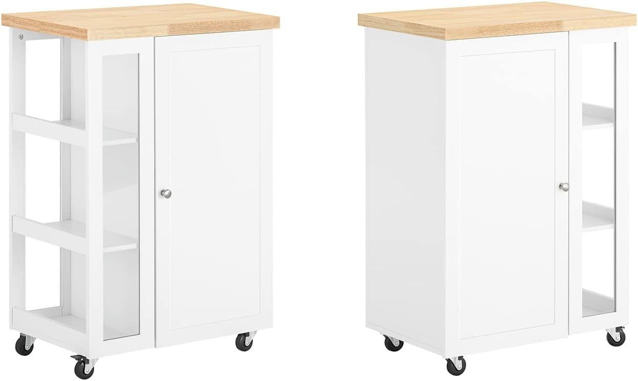 White Compact Kitchen Island on Wheels with Cupboard, Side Rack & Worktop