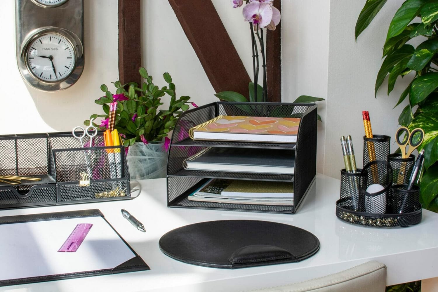 Black Wire Mesh Desk Organiser 2-Tier Document Tray A4 Filing