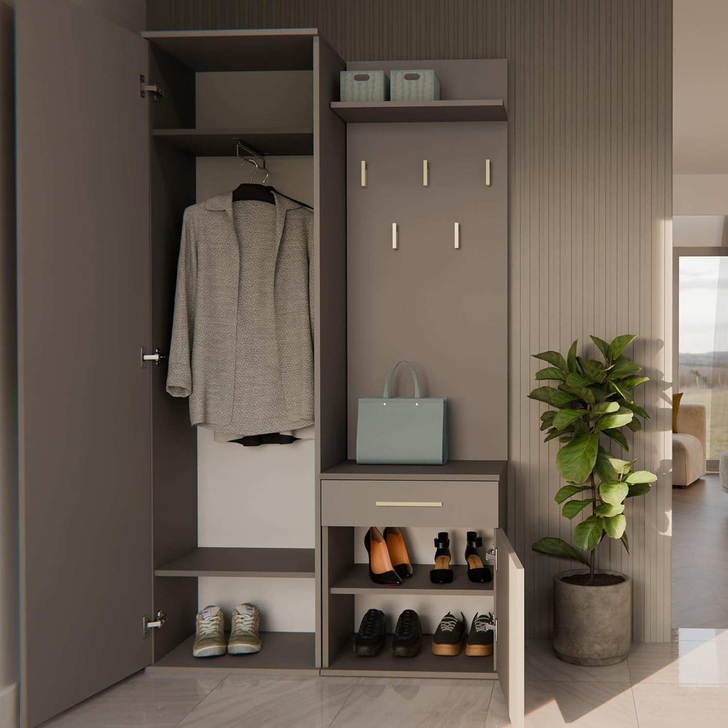 Modern Clay Hallway Wardrobe with Hooks, Shelves & Shoe Storage, 180cm