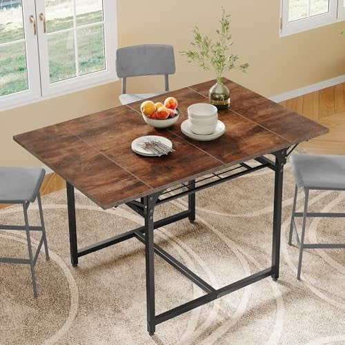 Rustic Brown Folding Dining Table Drop Leaf with Storage 120cm