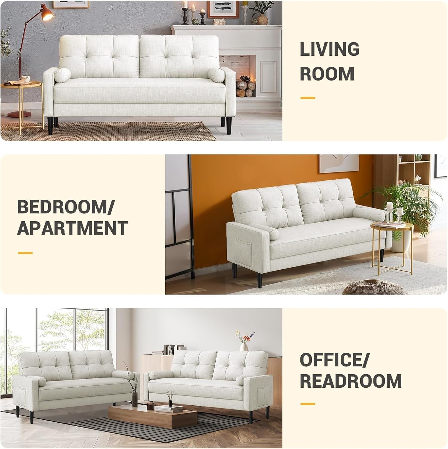 Modern Linen 2 Seater Sofa Small Space Couch with Storage & Cushions Beige