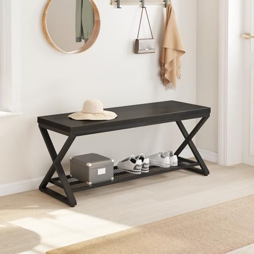 Black Oak Industrial Entryway Storage Bench Metal Frame Shoe Rack Seat 100x36x46