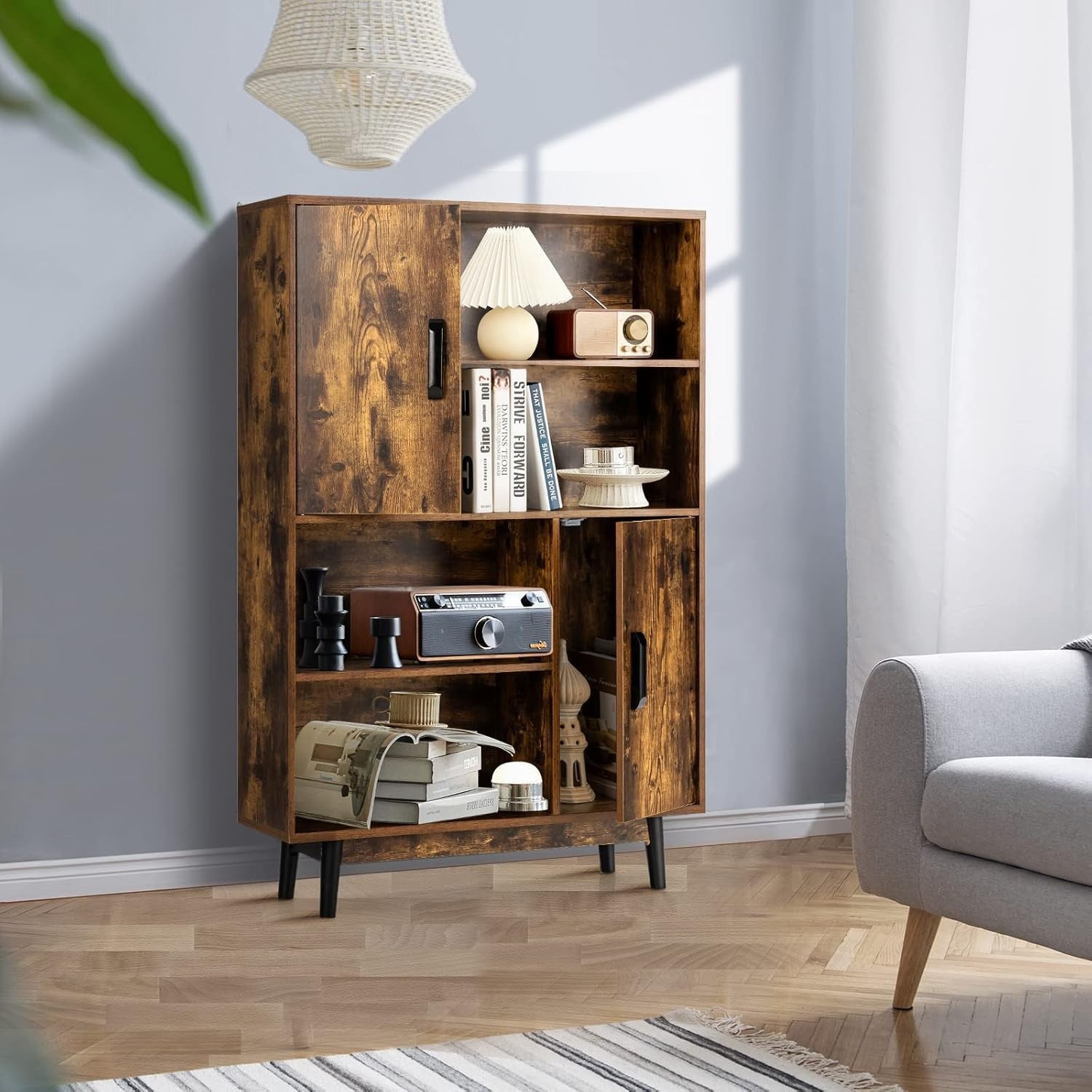 5-Tier Rustic Bookcase with Doors, Adjustable Shelves Tall Storage Cabinet 80×12
