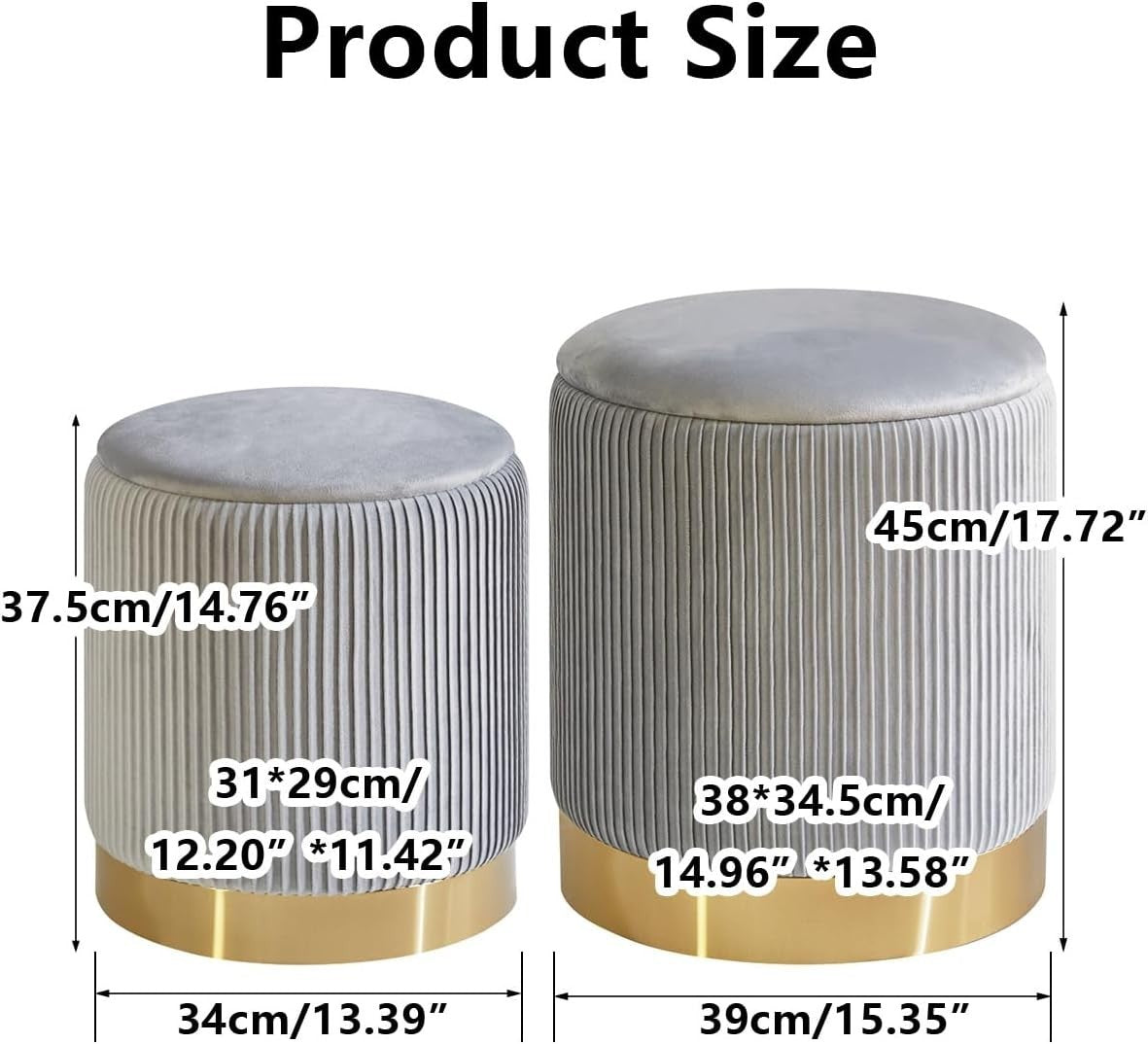 Set of 2 Gray Storage Ottomans – Round Boucle Velvet Stools with Lids