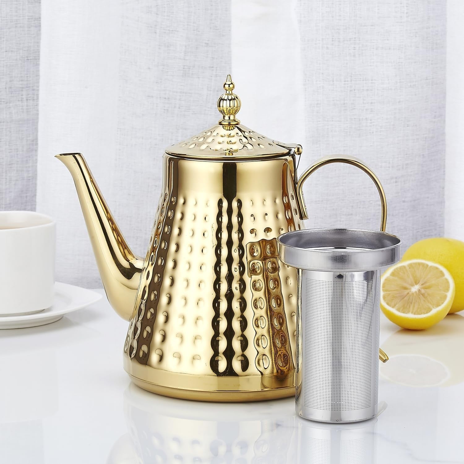 1.6L Stainless Steel Teapot with Infuser Gold Hammered Tea Pot 6 Cup