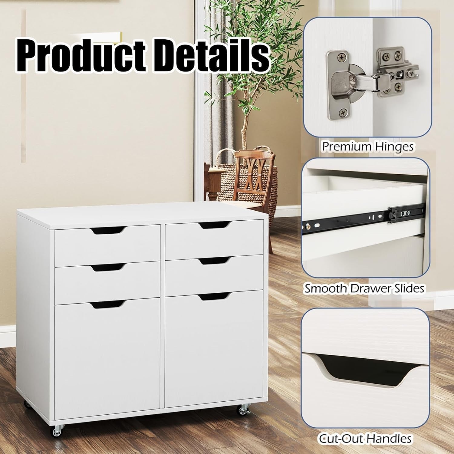 White Mobile File Cabinet 4 Drawer 2 Door Rolling Printer Stand