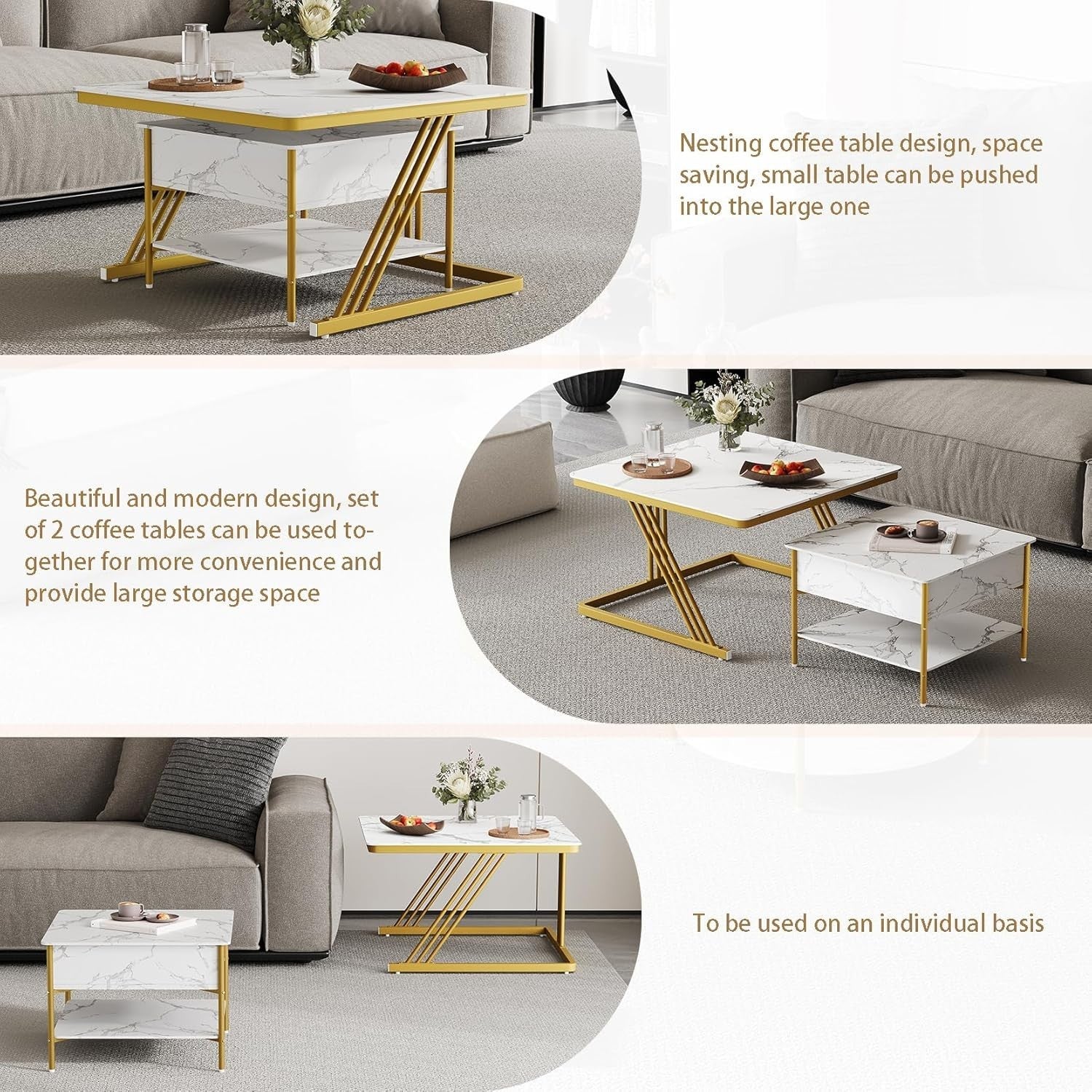 Nesting Coffee Table Set 2 Square Lift Top Storage Gold White Living Room