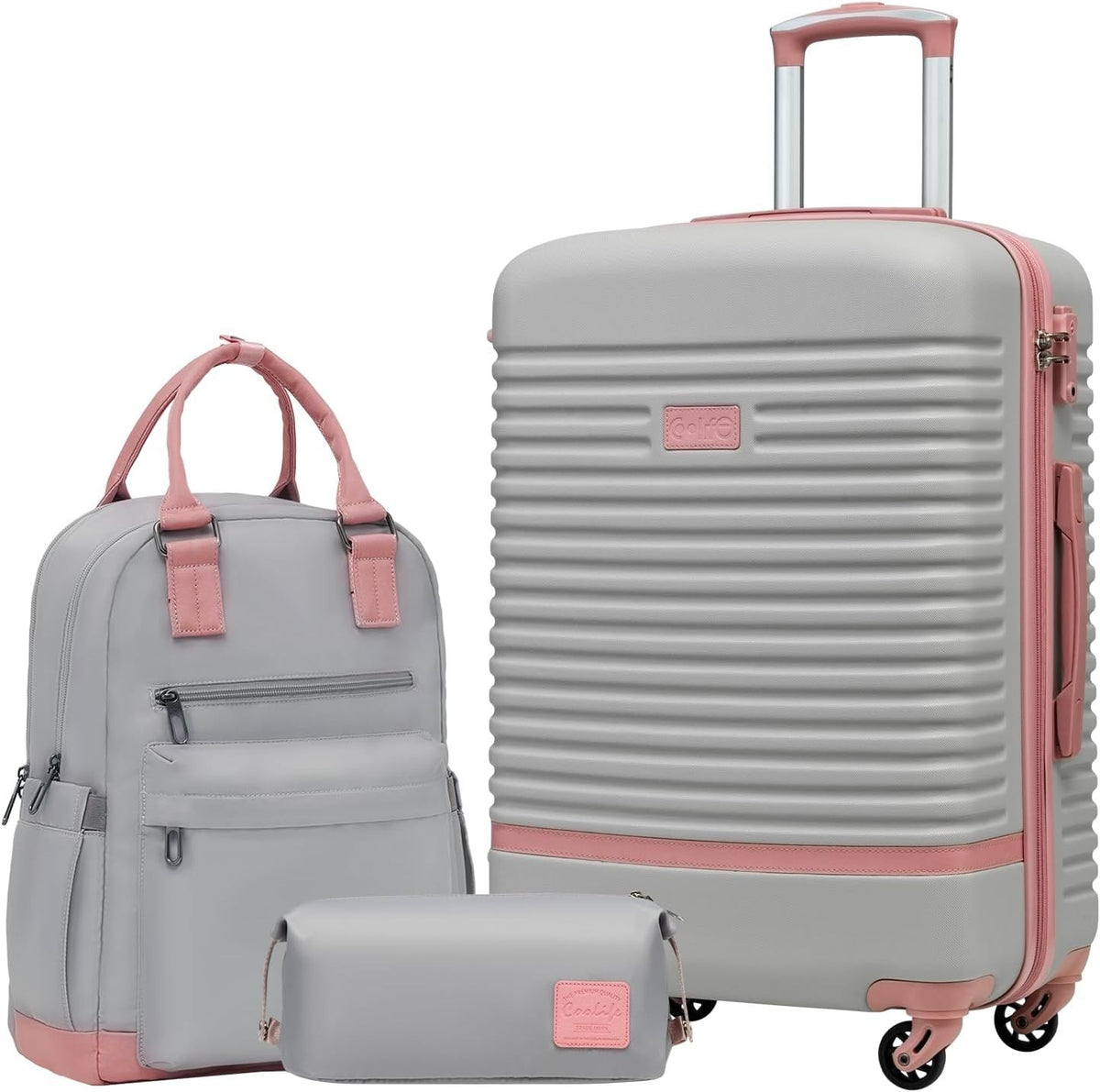 24'' Pink Grey Luggage Set Hard Shell TSA Lock 360 Spinner + Backpack