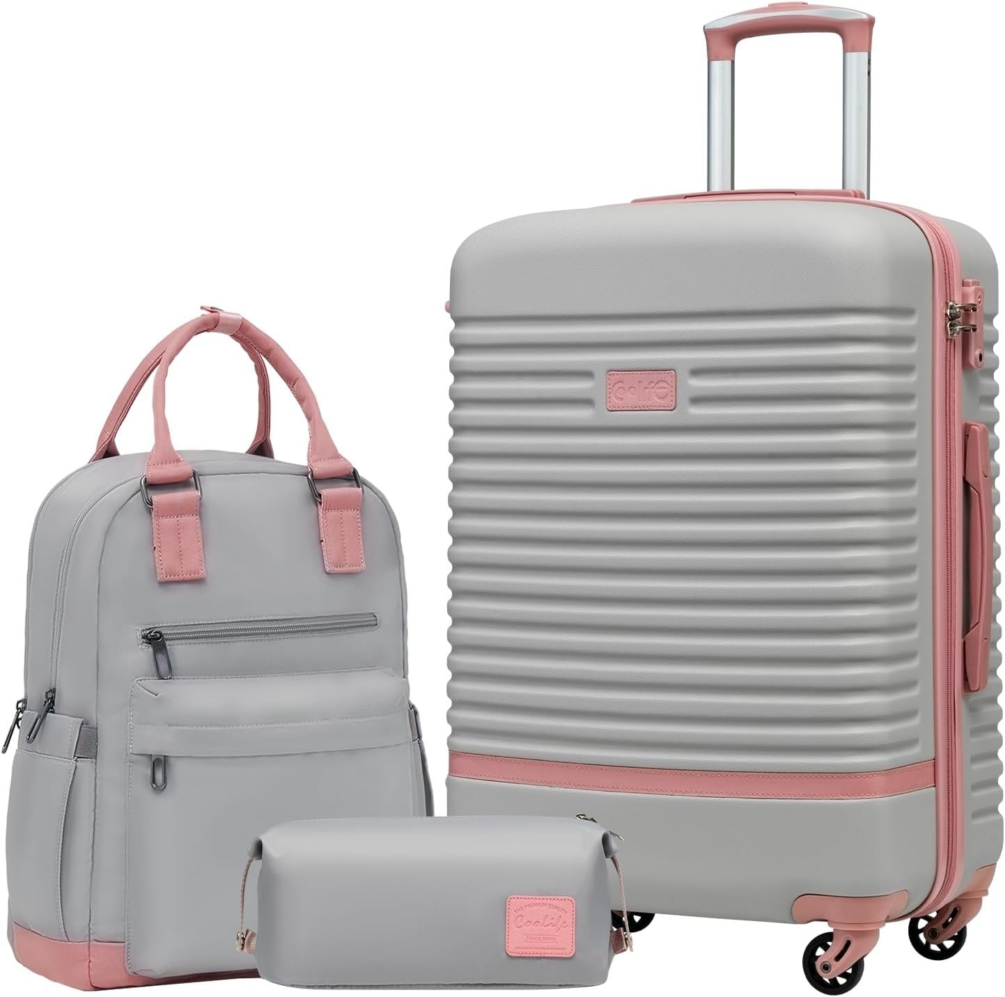 24'' Pink Grey Luggage Set Hard Shell TSA Lock 360 Spinner + Backpack