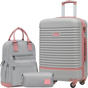 24'' Pink Grey Luggage Set Hard Shell TSA Lock 360 Spinner + Backpack