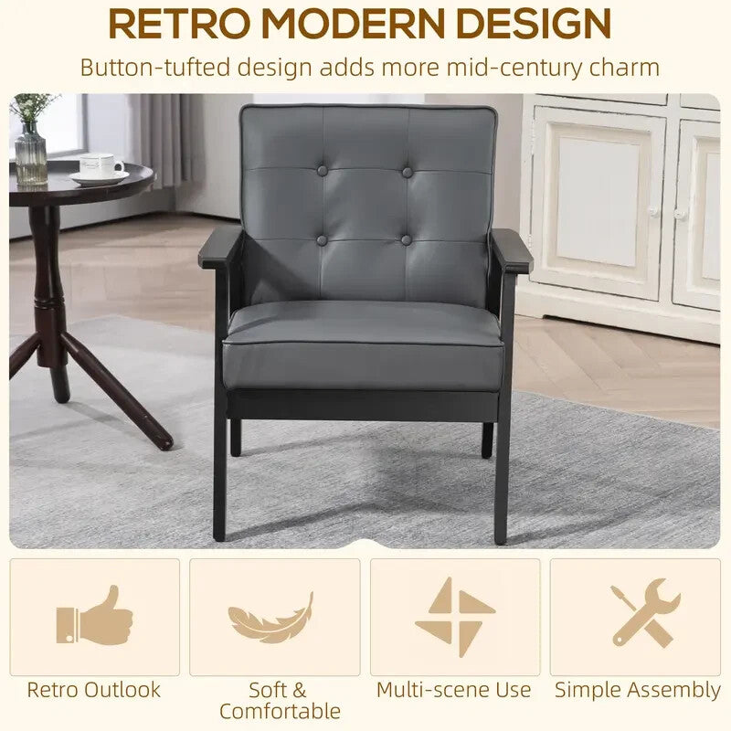 Grey PU Leather Armchair Retro Lounge Chair Wood Frame for Living Room