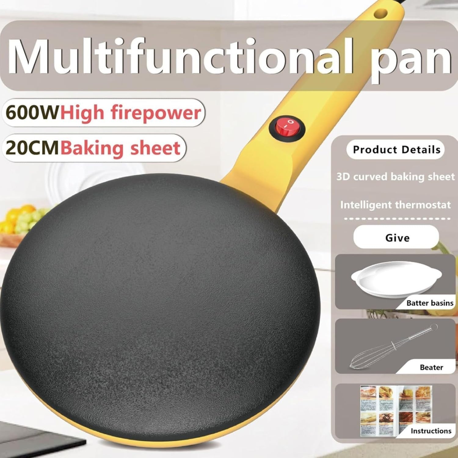 8" Electric Crepe Maker Non Stick Pancake Maker with Handle & Tray Yellow