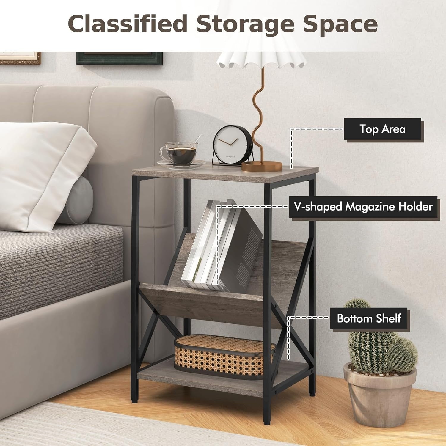 3-Tier Industrial Sofa Side Table with V-Shaped Magazine Holder & Storage