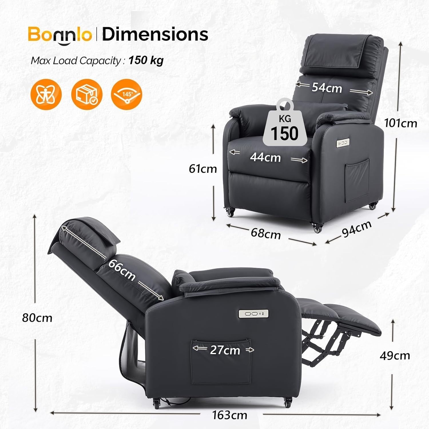 Electric Recliner Chair w/ Wheels Massage Heat High Back Footrest Leather Black