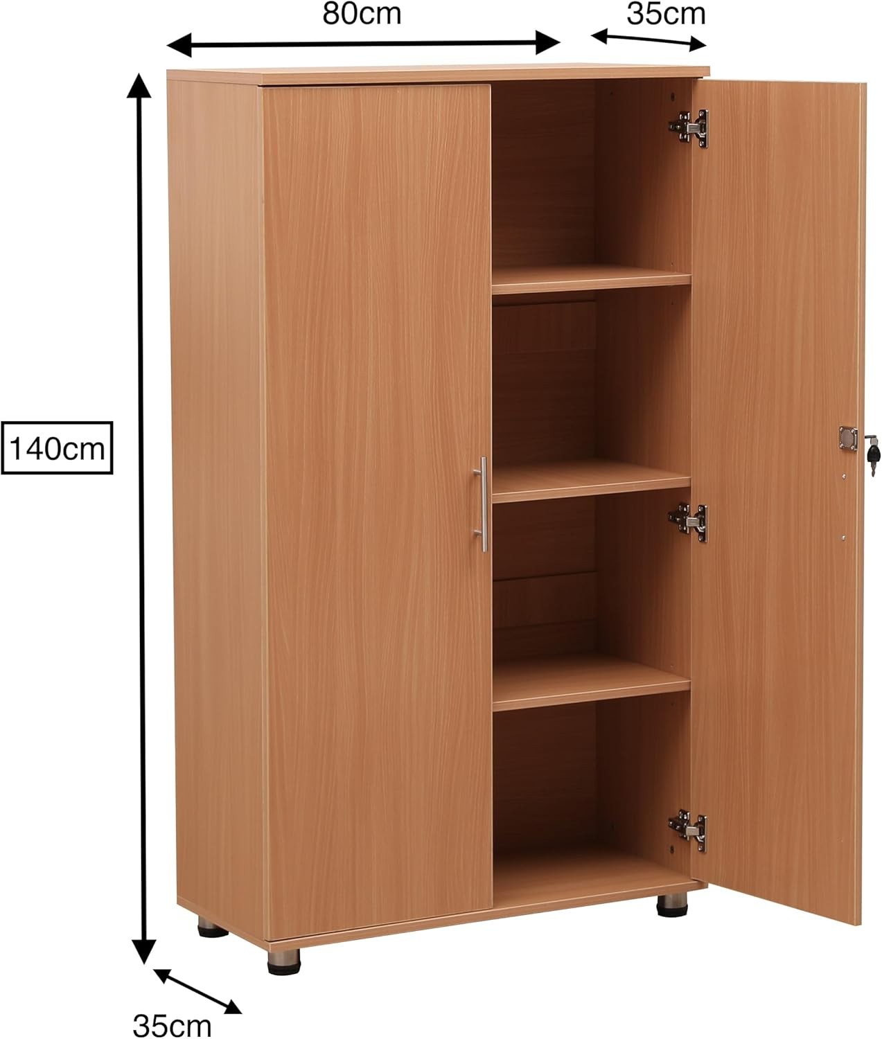 Beech Office Storage Cabinet Lockable 2 Door Cupboard Adjustable Shelves
