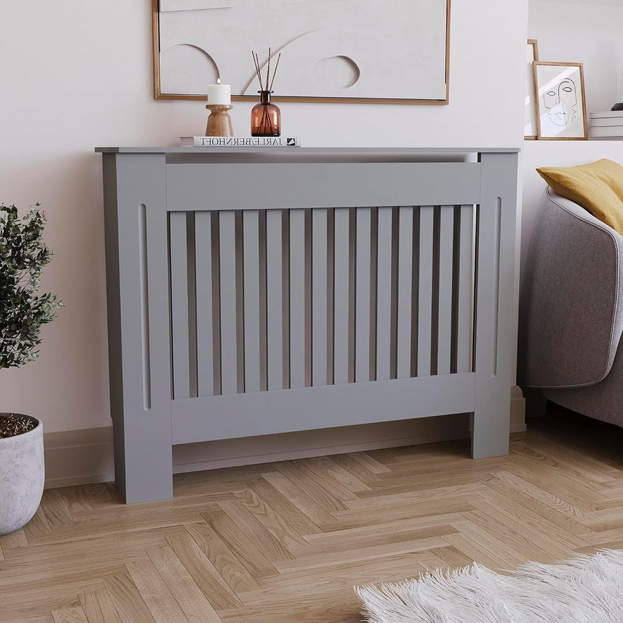 Medium Olive Grey Radiator Cover Cabinet | Modern MDF Slatted Heater Cover
