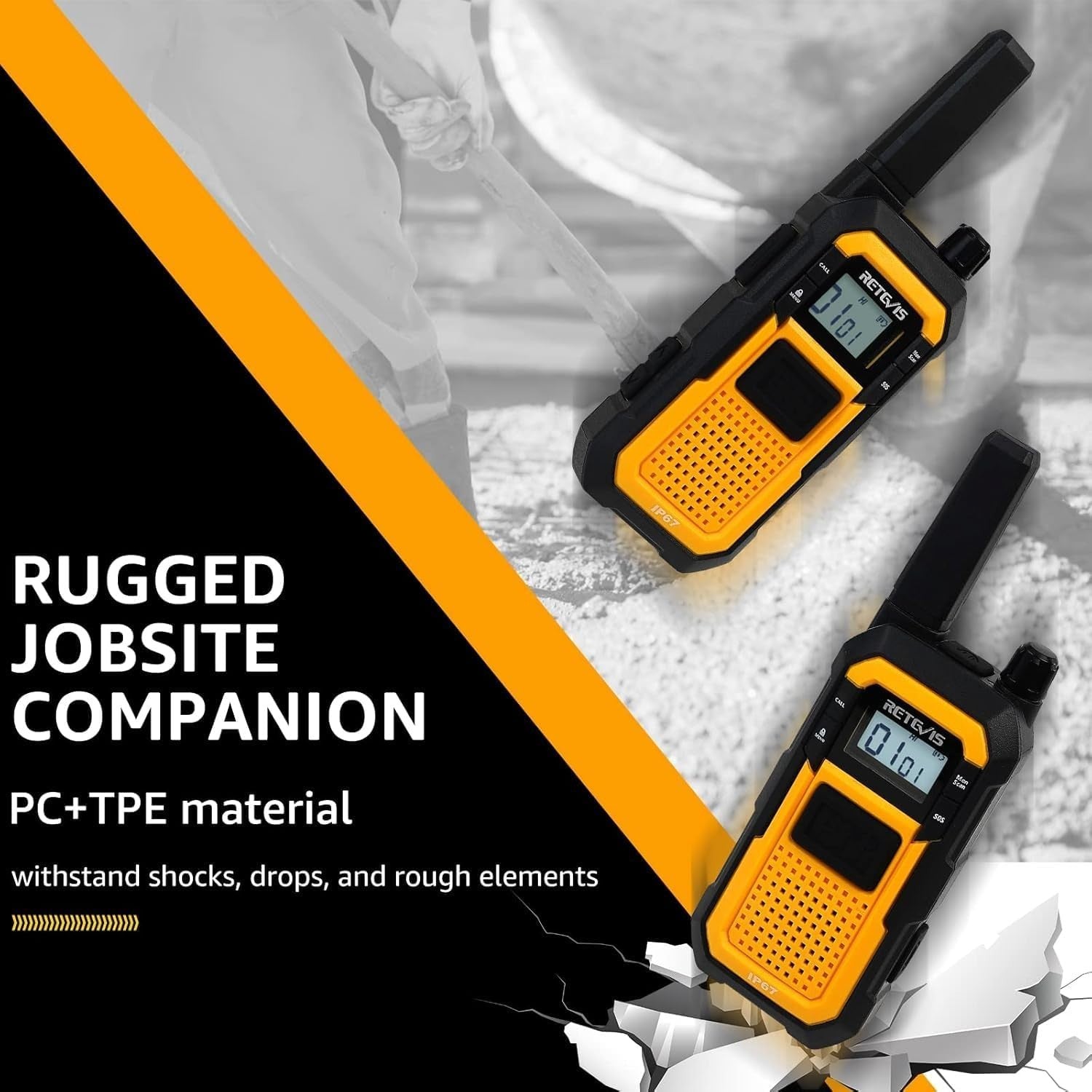 Heavy Duty Waterproof Walkie Talkies IP67 Long Range w Earpiece 2 Pack