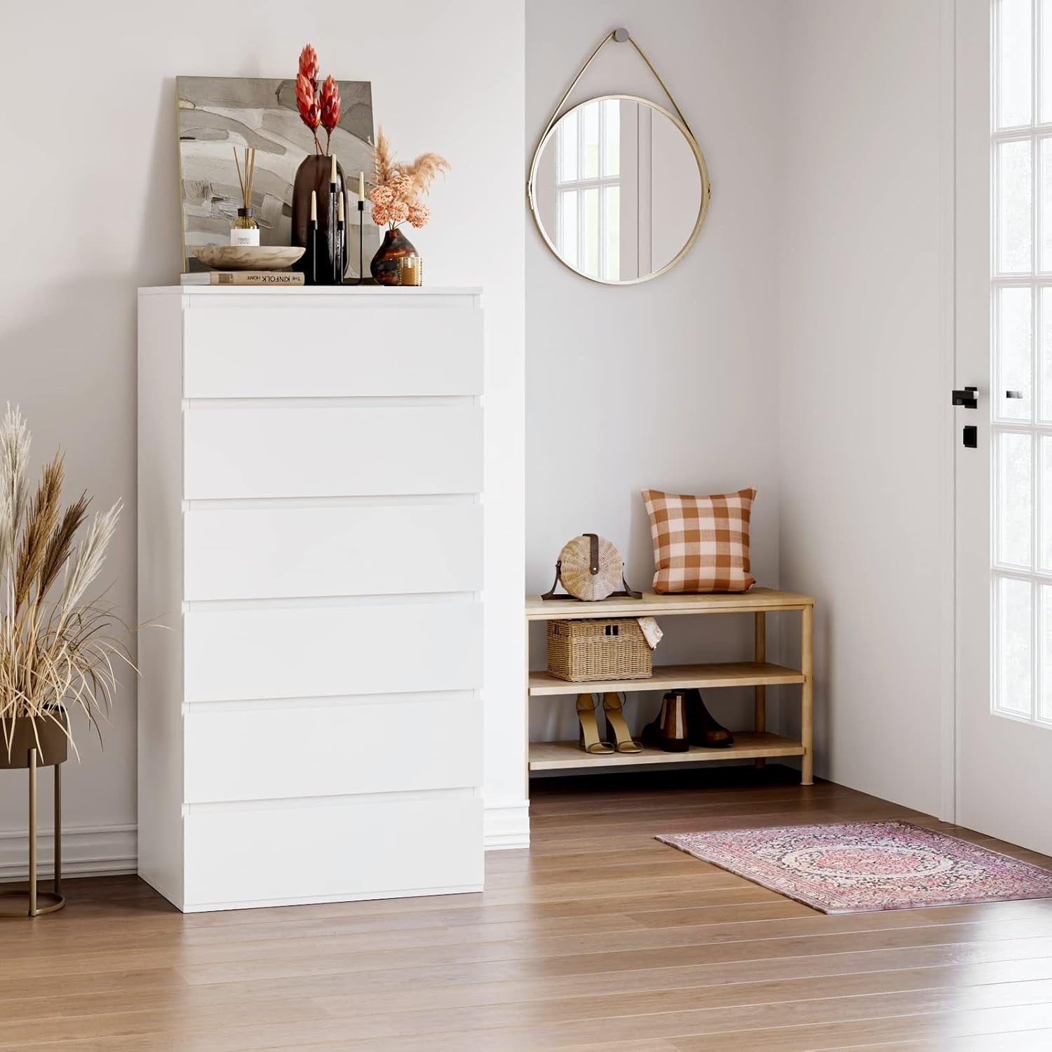 6-Drawer White Chest Storage Cabinet 119cm Tall Bedroom Dresser Organizer