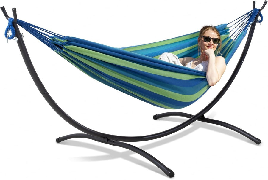 Blue Green Hammock with Stand | 2-3 Person 475lb Capacity | Portable Garden Bed