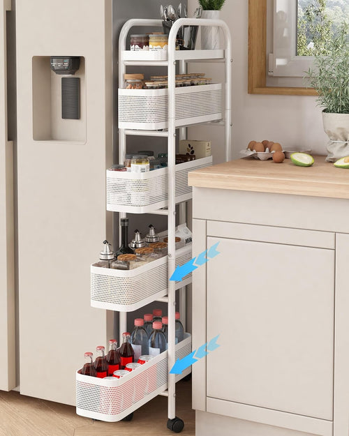 Slim Kitchen Storage Trolley 5 Tier Pull Out Baskets Narrow Cart Wheels