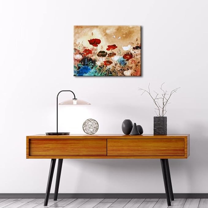 Blooming Poppies Floral Canvas Wall Art Modern Framed Giclee Print