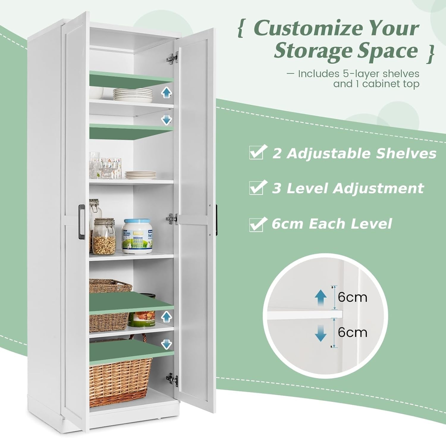 Tall Kitchen Cupboard 5-Tier Storage Cabinet 2 Doors White