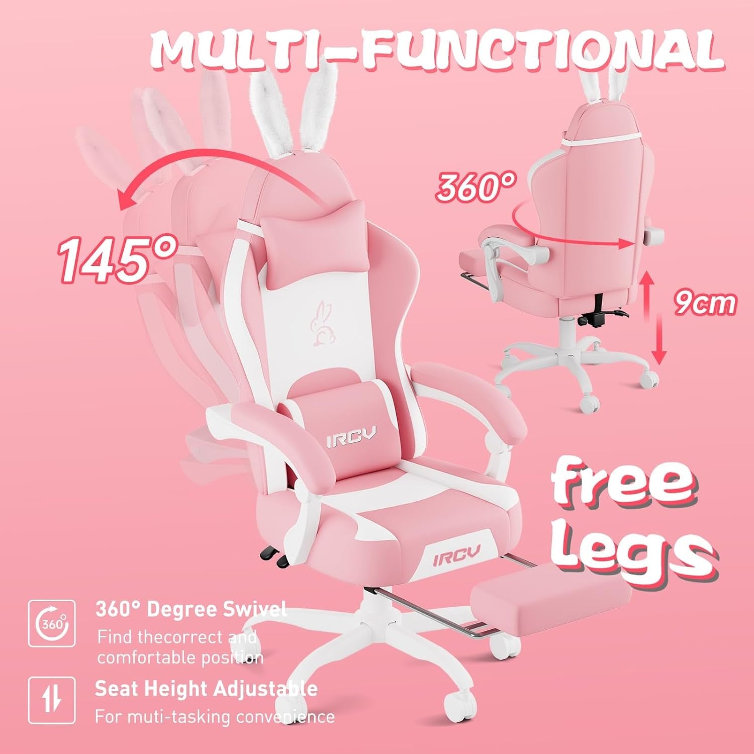 Pink Gaming Chair w/ Footrest 145° Reclining High Back Seat