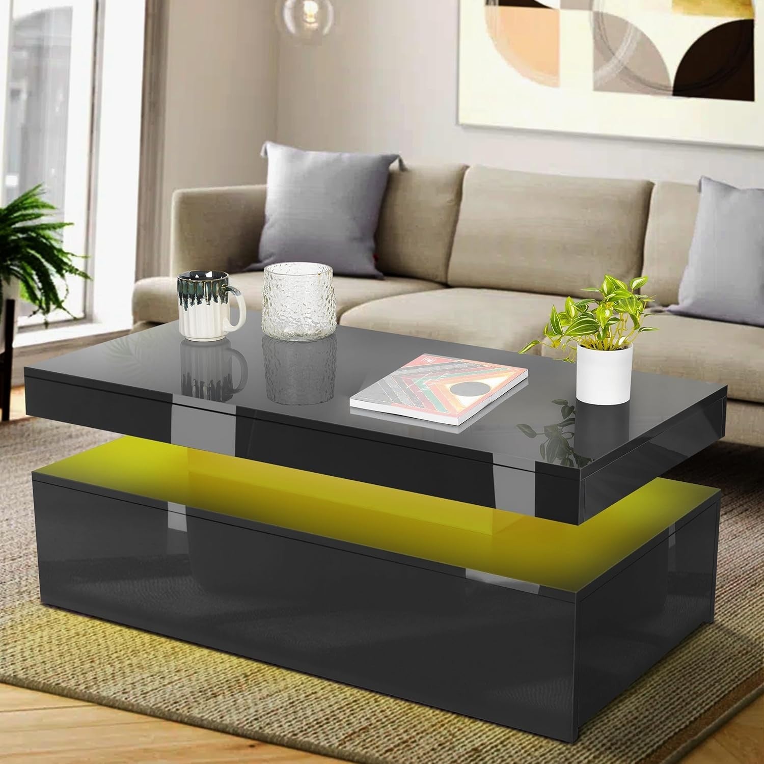 Black Gloss LED Coffee Table with Storage Drawers & Remote Lights | 94cm
