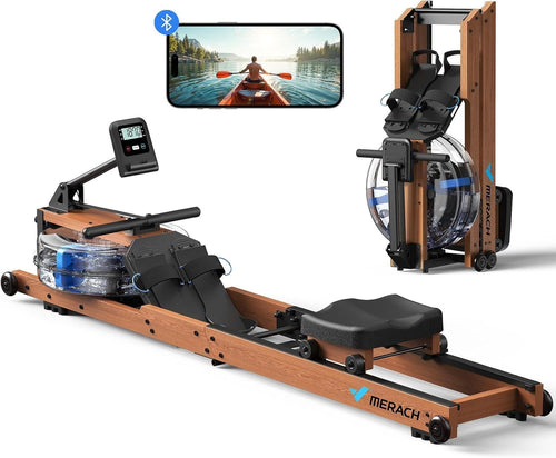 Foldable Wood Water Rowing Machine 180KG Capacity Quiet Rower App Compatible