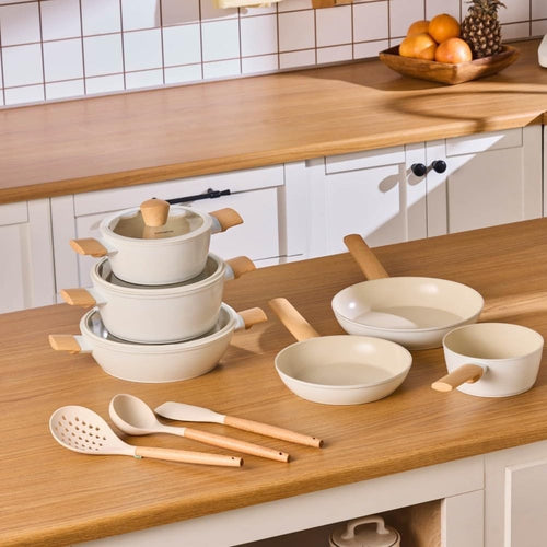 12Pcs Almond Cream Ceramic Non Stick Cookware Set with Lids & Utensils