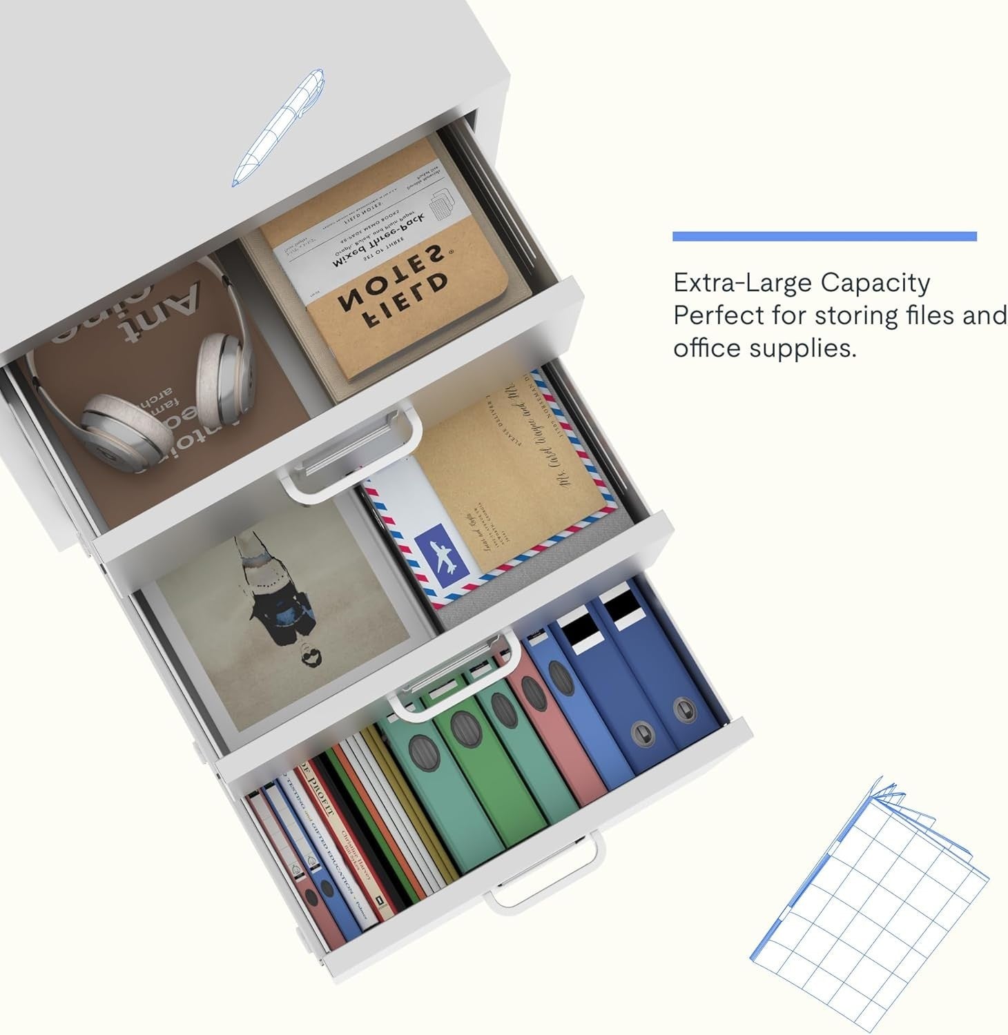 White Mobile Filing Cabinet 3 Drawer A4 Under Desk Printer Stand