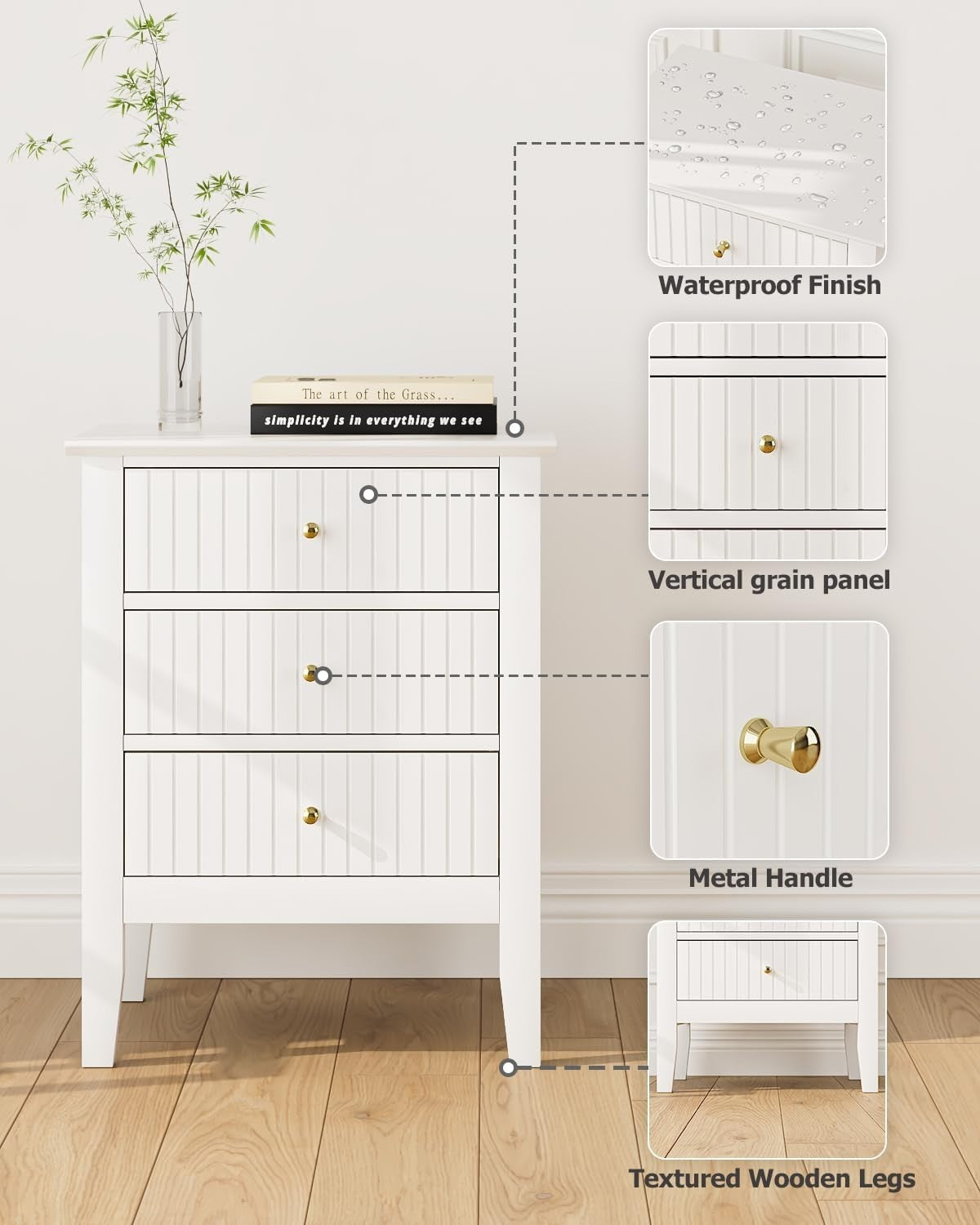 Modern White Bedside Table with 3 Drawers Wooden Nightstand Bedroom Storage