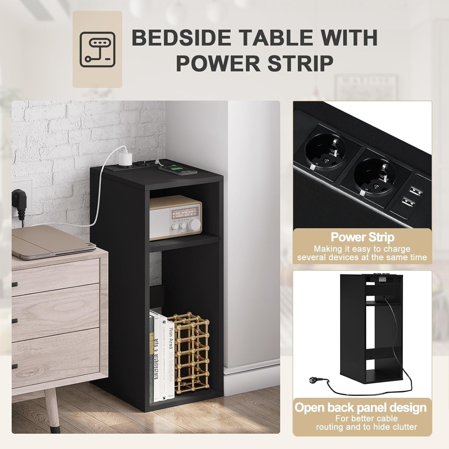 Set of 2 Smart Bedside Tables with USB Ports & Power Sockets – Black