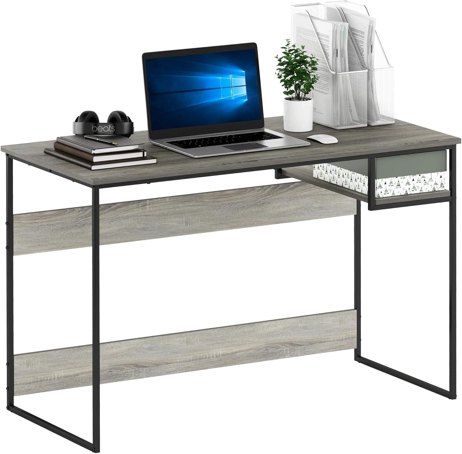 Rustic Oak Grey Study Desk with Shelf 114x51x75cm Home Office Computer Table